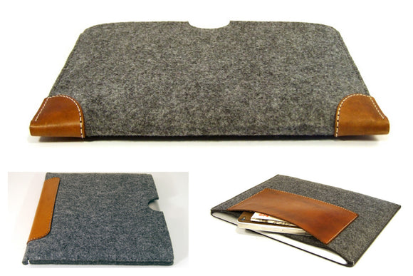 MacBook PRO *ALL MODELS* grey felt case sleeve WITH LEATHER