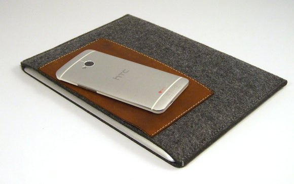 iPad / iPad AIR / iPad MINI grey felt case sleeve with large premium LEATHER POCKET
